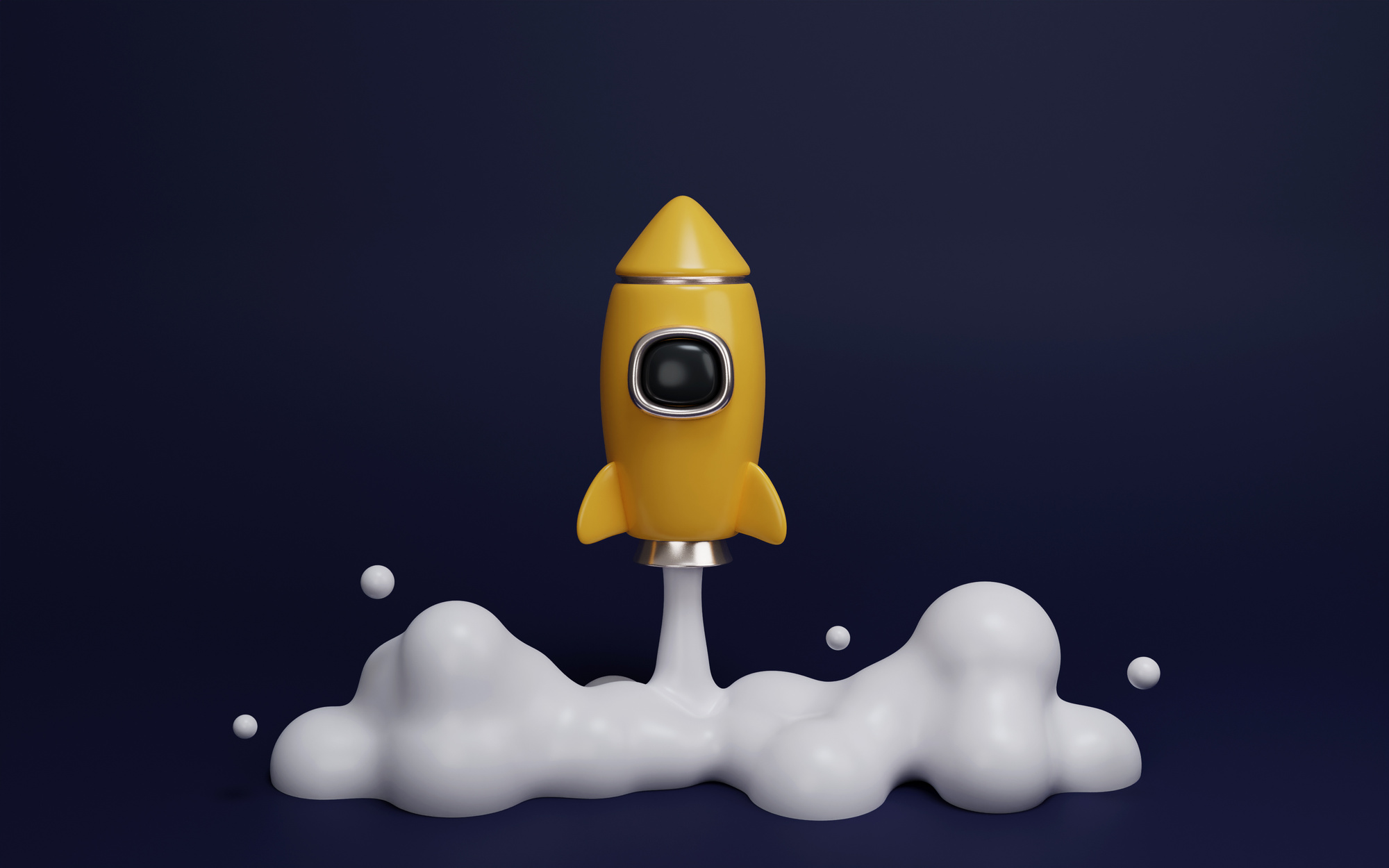 3d rocket flying in space. Spaceship rocket lunch on dark background. banner, 3d render illustration.